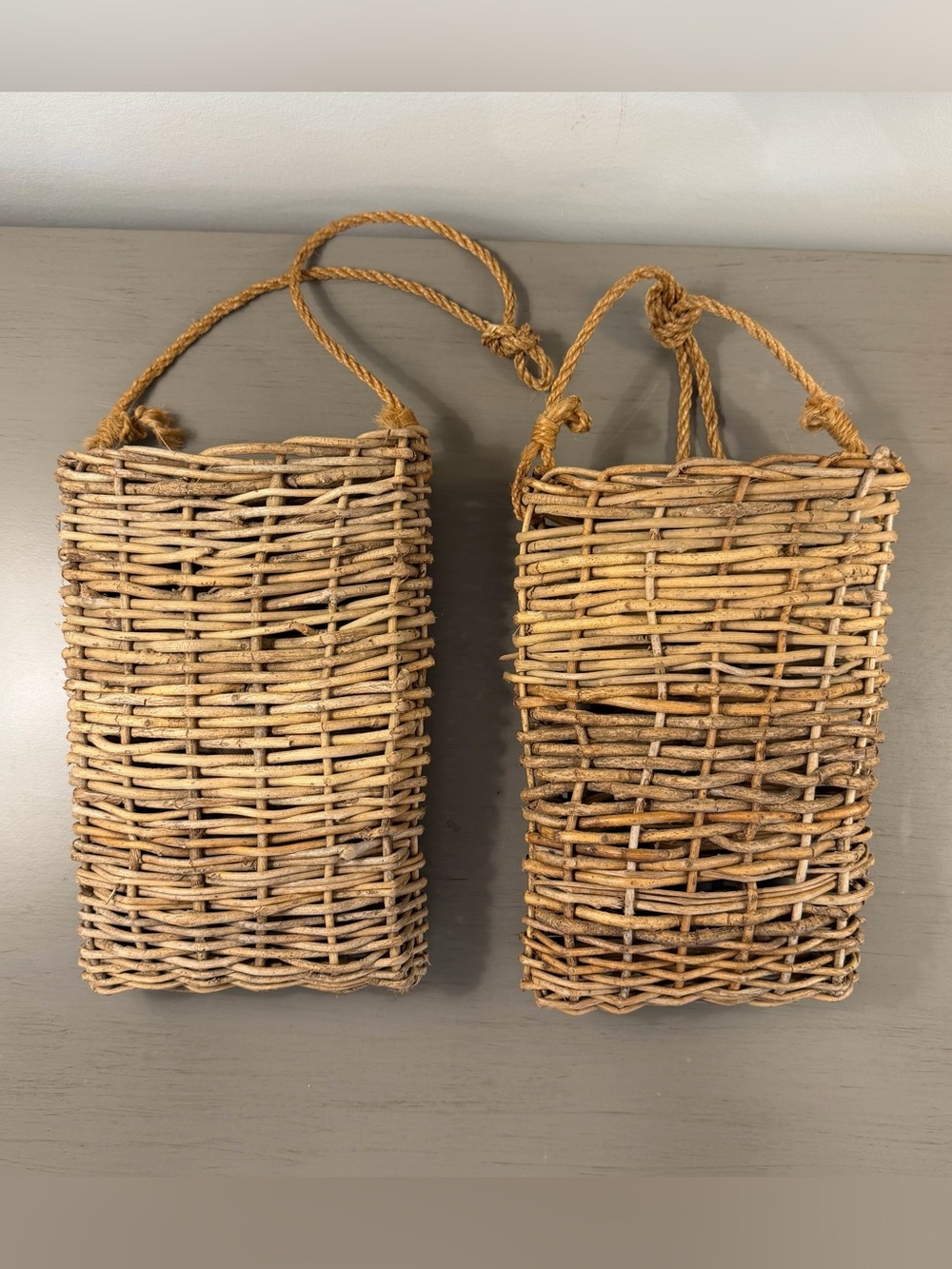 Rustic Twig Wall Pocket Hanging Baskets Set of 2 Woven Wood Rope Farmhouse